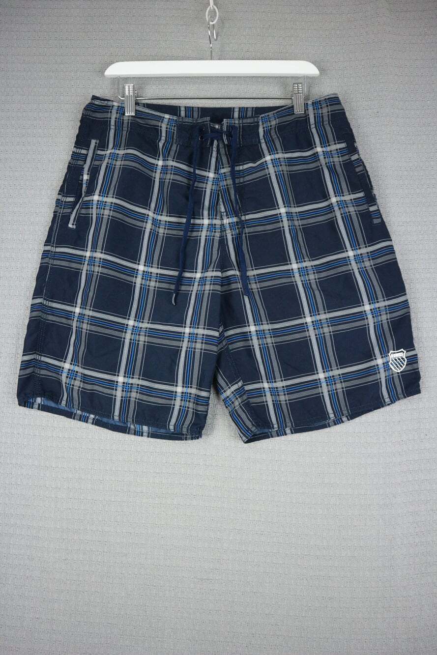 K-Swiss Men's Size Medium Plaid Board Shorts Blue White Swim Trunks Drawstring